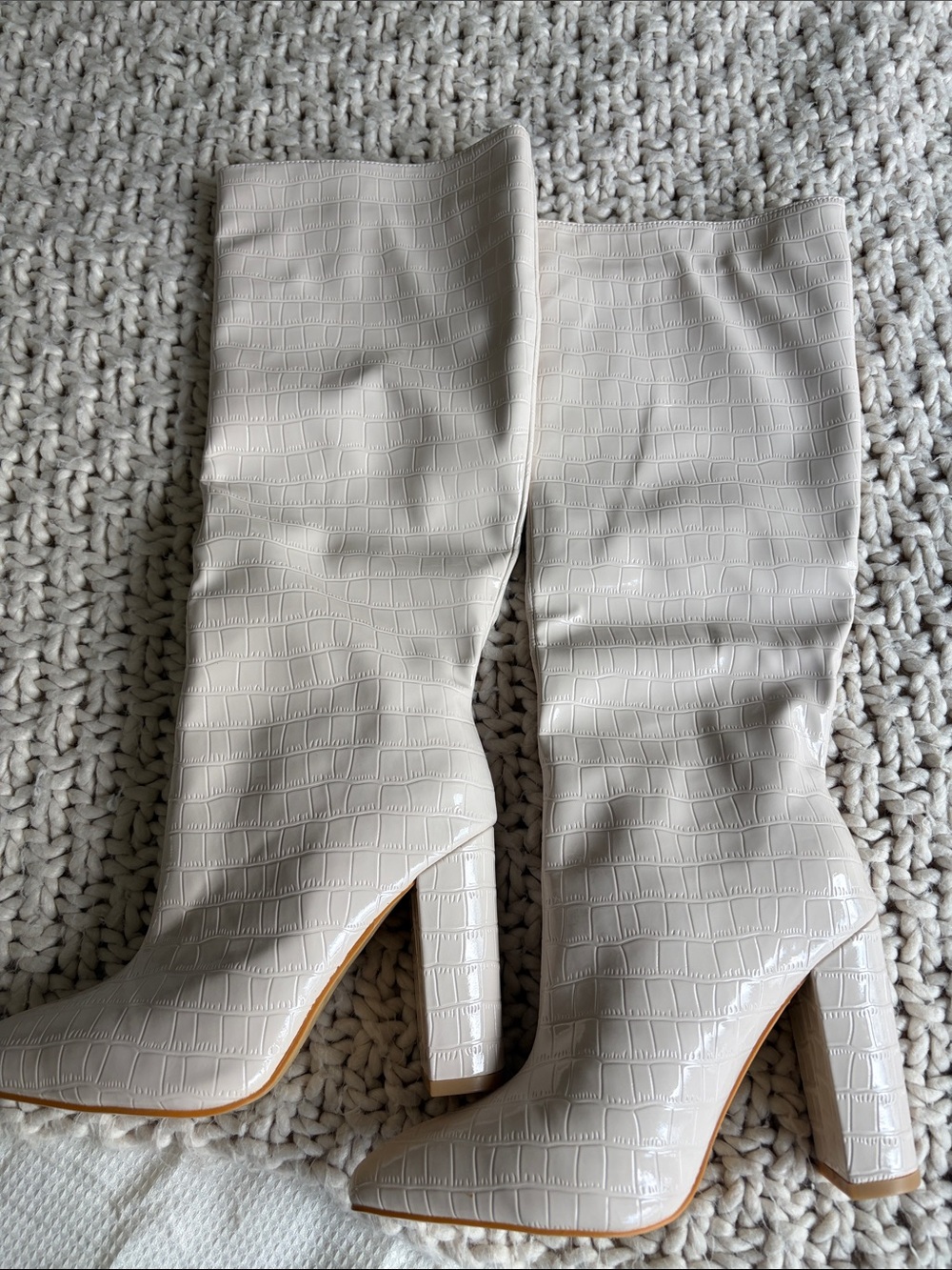 Women's Cream Croc-Embossed High Heel Mid-Calf Boots